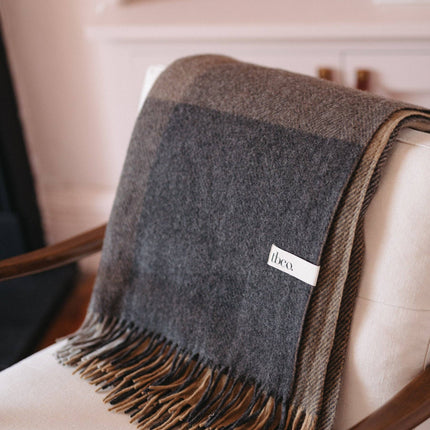 Recycled Wool Throw in Natural Herringbone Block Check