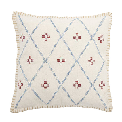 Embroidered stitch hem cotton cushion with criss cross pattern flower motifs