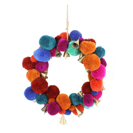 Pom Pom Colourpop Hanging Wreath with Gold Bells