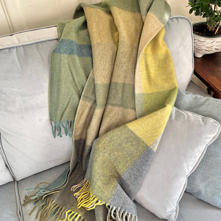 Recycled Wool Throw in Green Oversized Patchwork Check