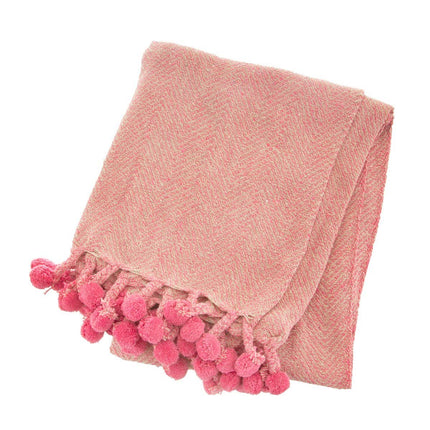 Pink Herringbone Pom Pom Blanket Throw
